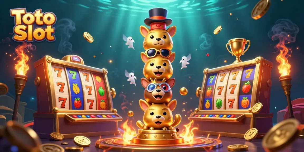 Toto Slot menggambarkan mesin slot yang berputar dengan simbol keberuntungan dan menghadirkan suasana kasino yang mewah.