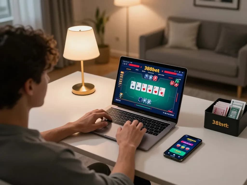 Engaging in online poker with 388bet on a laptop in a stylish home setup