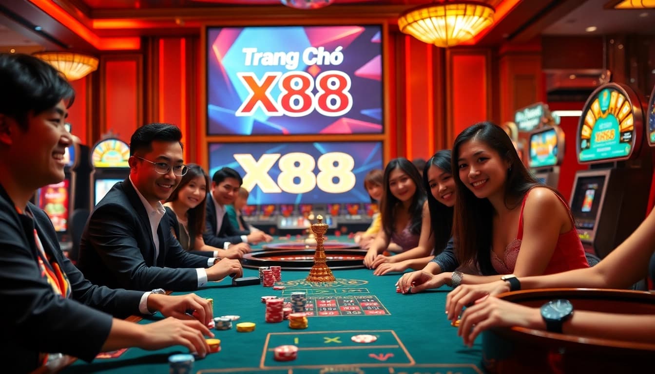 Experience the thrill of gaming at trang chủ X88 with players engaged in exciting casino activities and vibrant visuals.