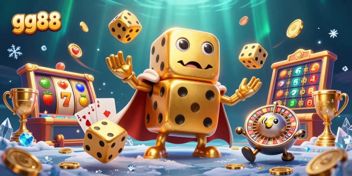 gg88 features a vibrant 3D illustration of a golden dice golem elements enjoying mobile casino games.