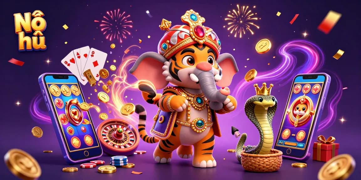 Engage in Nổ hũ gameplay excitement with a vibrant scene filled with treasure and casino elements.