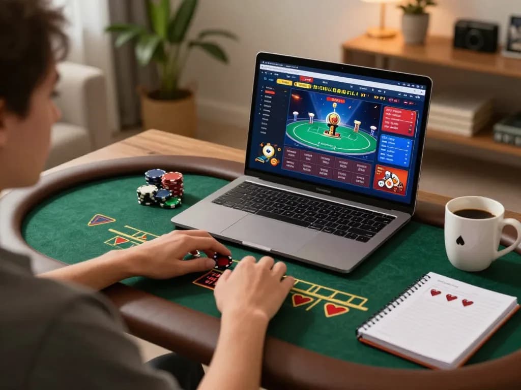 Player engaging in online gambling at TR88, with poker game displayed on laptop and strategic notes nearby.