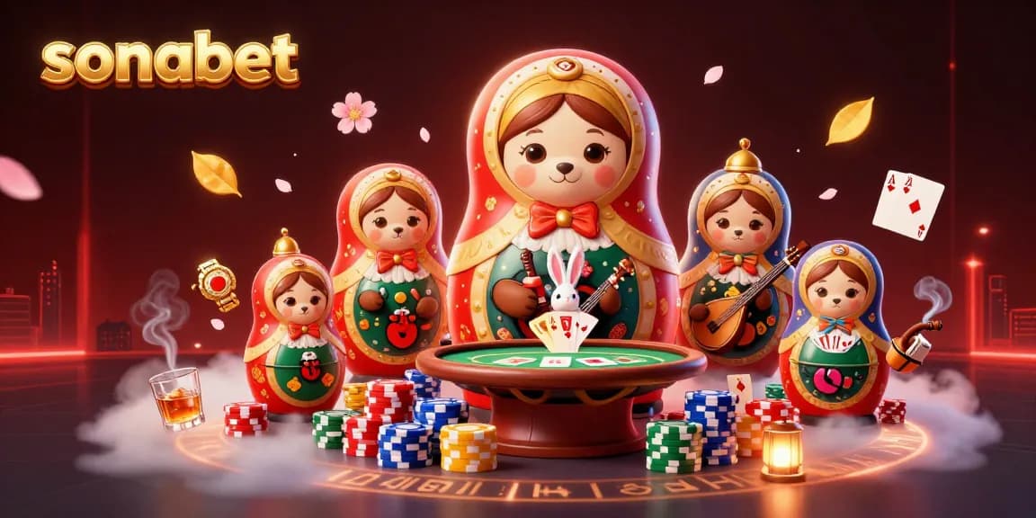 Engage with sonabet in a lively casino scene featuring cartoon bears and game elements.