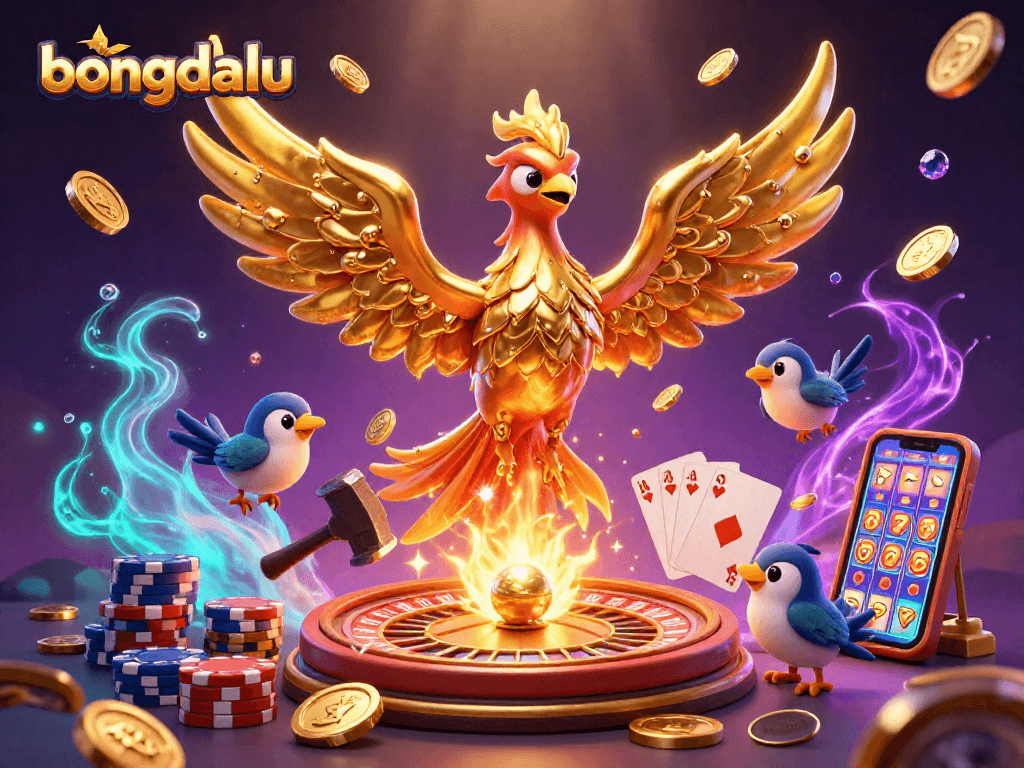 The golden phoenix symbolizing bongdalu emerges from a forge amidst cascading coins and casino elements.