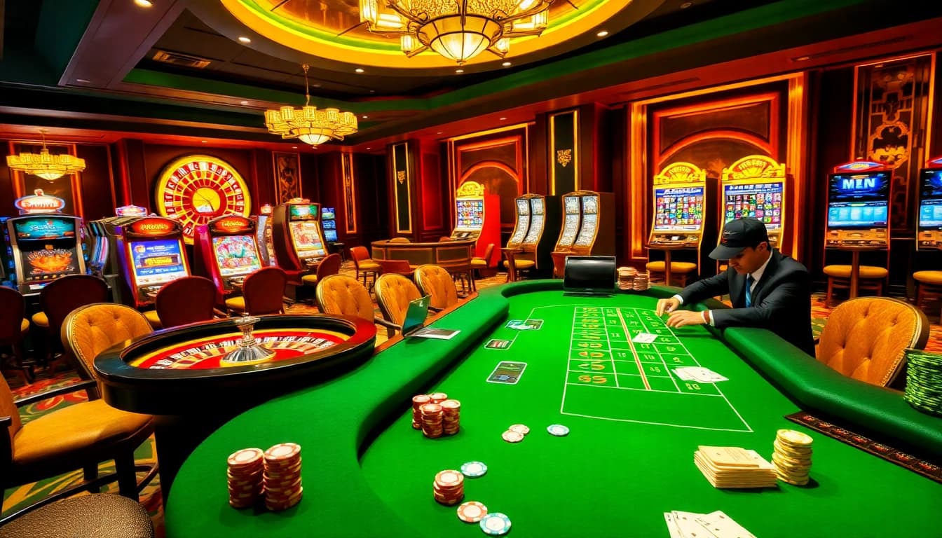 Exciting scene at bk8thai ทางเข้า with gamers enjoying luxury casino tables and vivid roulette wheels.