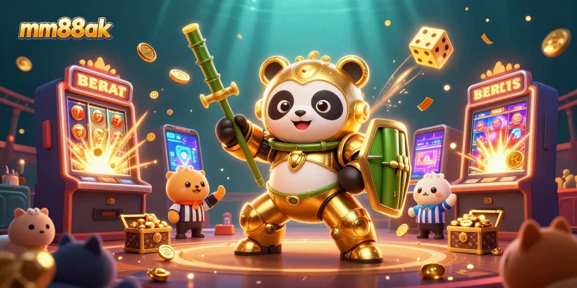 Engage with captivating action at mm88ak, featuring a mech-suit panda in a dynamic casino arena.