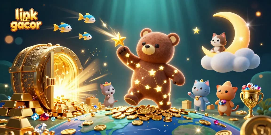 Experience the magic of link slot gacor with golden treasures and celestial characters in this vibrant illustration.