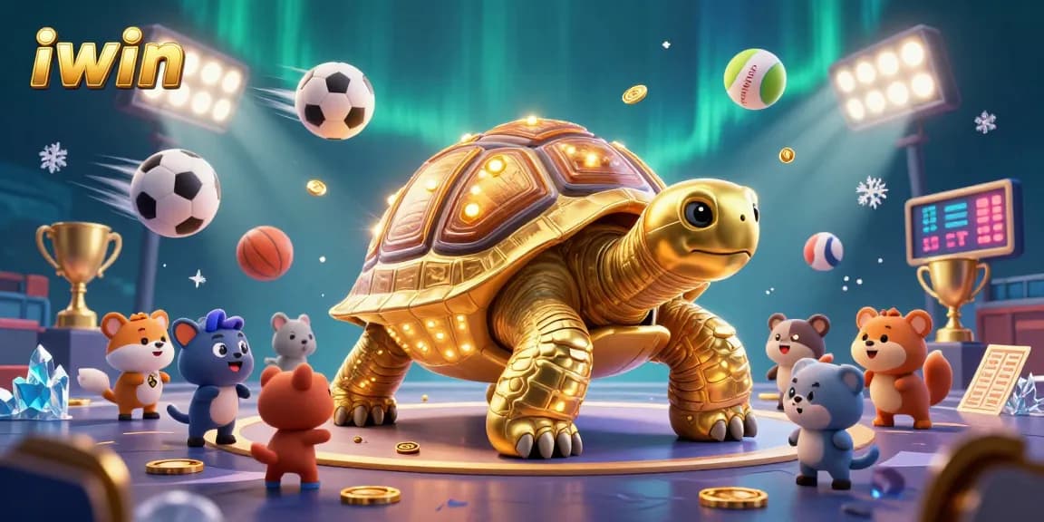 Experience exciting iwin games with a vibrant scene of a golden tortoise and animated sports elements.