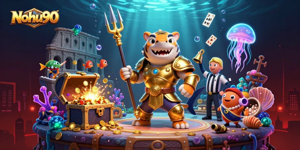 Nohu90 invites players to explore the excitement of underwater casino adventures with a shark gladiator.