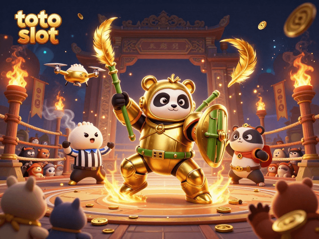 Engage in thrilling adventures with the toto slot featuring a golden panda in an action-packed arena.