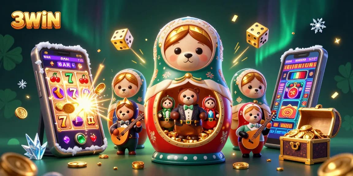 Experience the thrill of 3WIN with vibrant 3D casino characters, slot machines, and cascading coins.