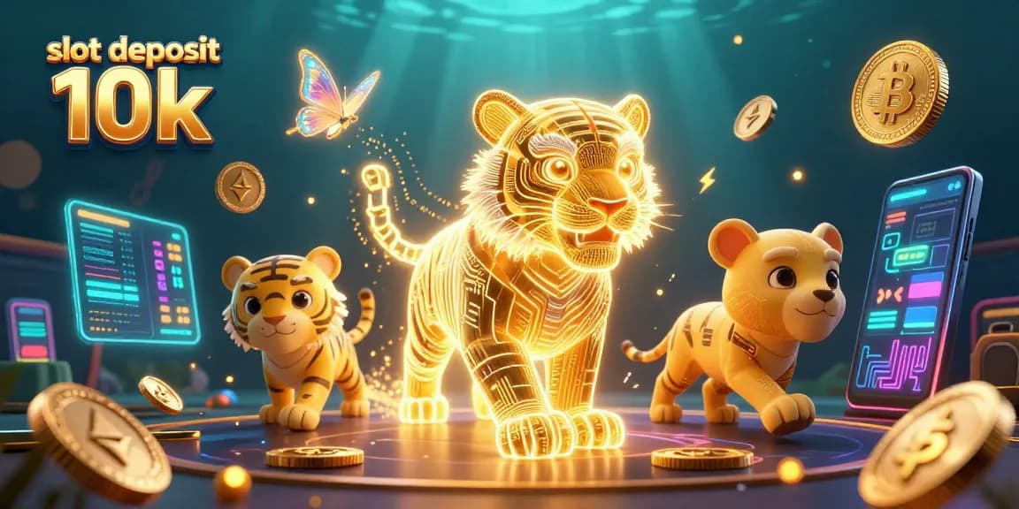 Win big with slot deposit 10k in this vibrant 3D casino scene showcasing golden tiger and crypto elements.