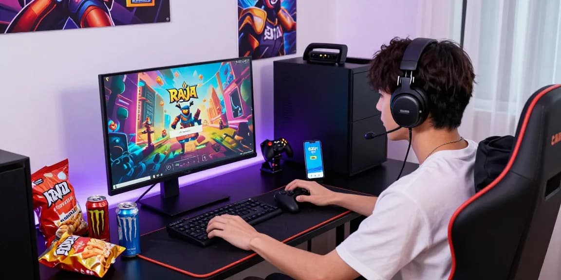 Raja Game login interface on a vibrant gaming setup with accessories and drinks.
