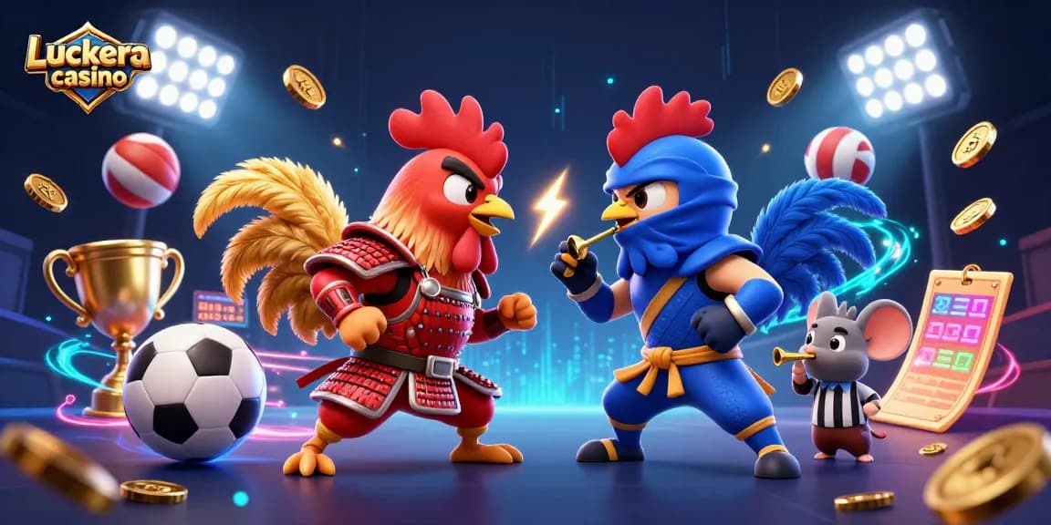 Luckera casino showcases a dynamic duel between samurai and ninja roosters amidst lively sports elements.