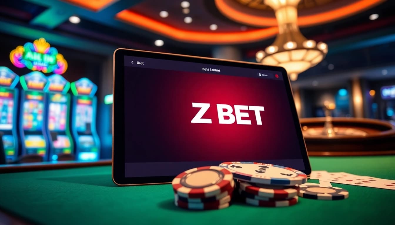 Z BET online gambling interface amidst vibrant casino elements showcasing excitement and strategy.
