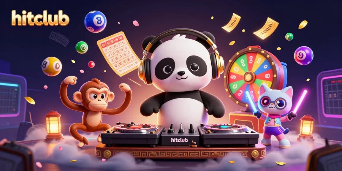 Engage in hitclub activities with vibrant 3D scene of DJ panda, dancing monkey, and glow-stick kitten.