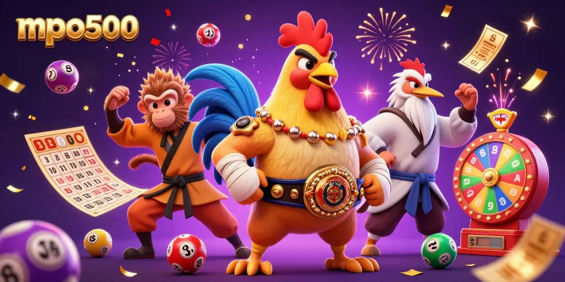 Engage with mpo500 as the animated rooster, monkey, and crane celebrate lottery thrills in a colorful casino.