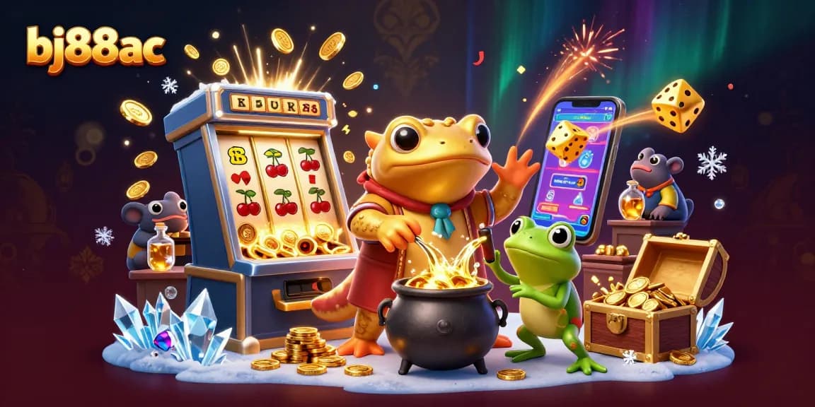 BJ88AC brings excitement with a vibrant 3D casino illustration, showcasing a golden salamander alchemist and thrilling jackpot elements.