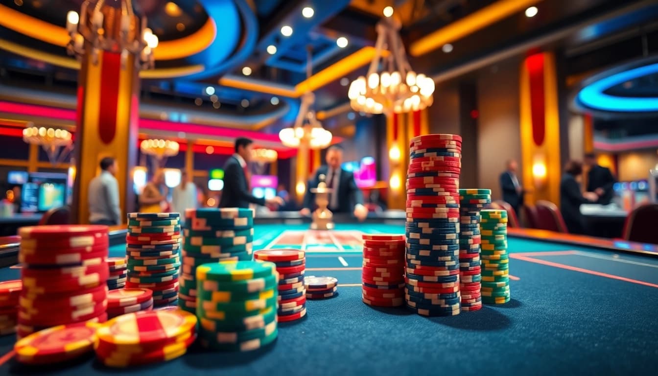 Engaging casino scene with vibrant roulette table and colorful chips stacked high