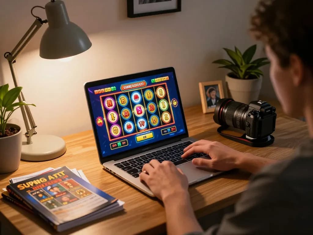 Bbet player enjoying online slot game gameplay on laptop with vibrant graphics in cozy home environment.