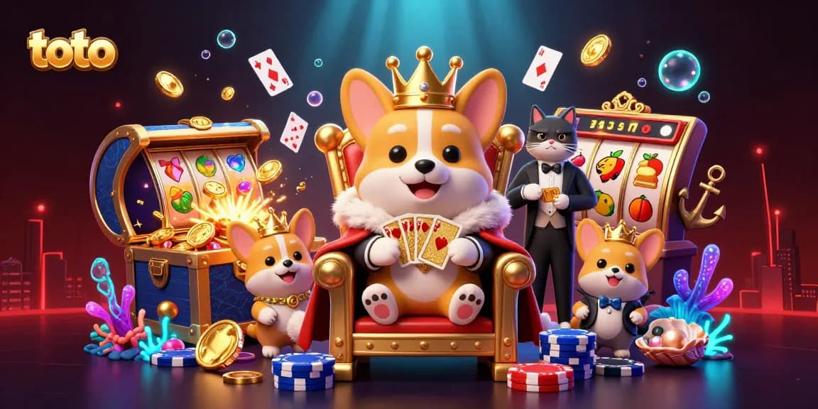 Play exciting toto slot games with corgi royalty surrounded by vibrant casino elements.