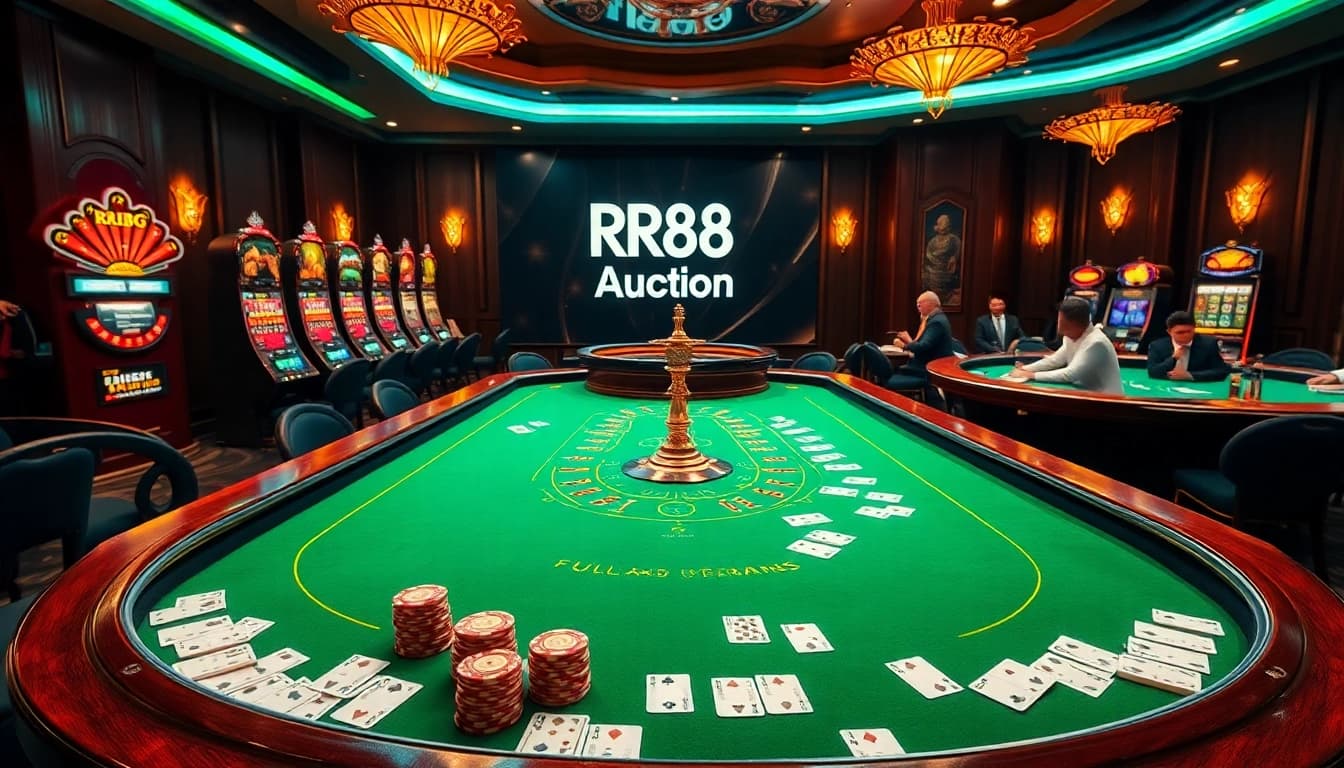 Experience thrilling games in a luxurious RR88 Auction casino setting, featuring vibrant tables and lively players.