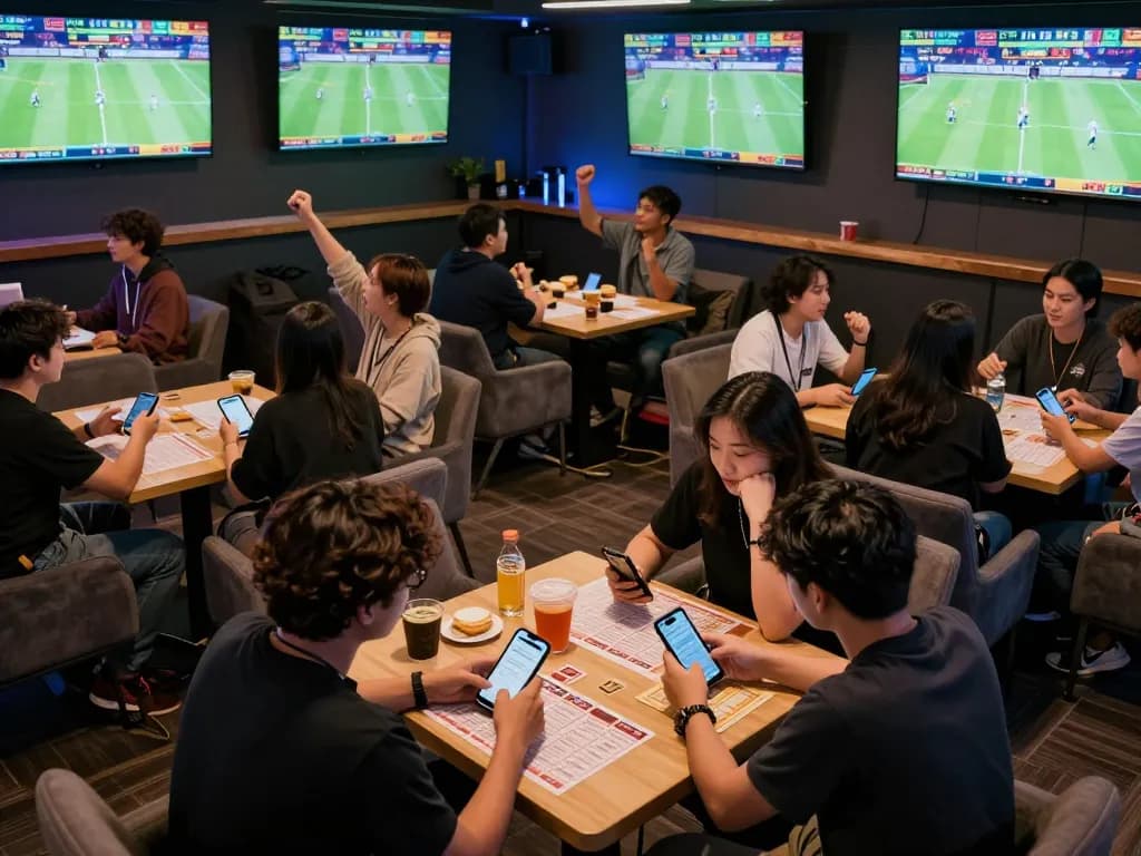 Engaged fans analyzing kèo nhà cái trực tiếp while placing live bets on sports events.