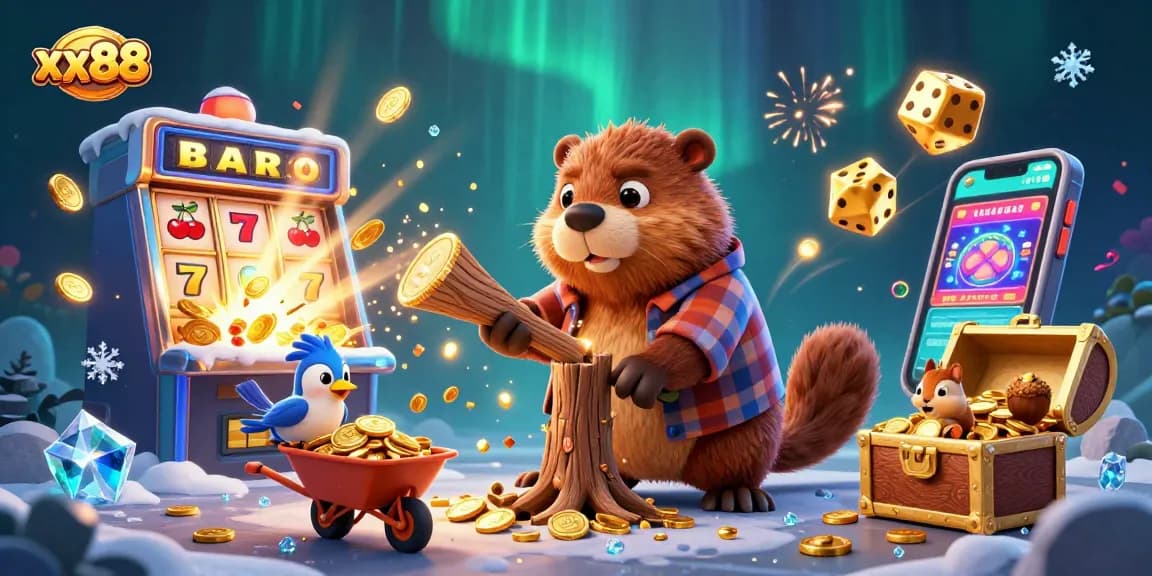Win big with xx88 at this vibrant casino scene featuring a beaver, bird, and squirrel in action.
