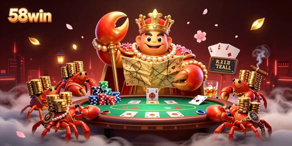 Engage in thrilling games at 58win with a mesmerizing poker scene featuring a golden crab emperor.