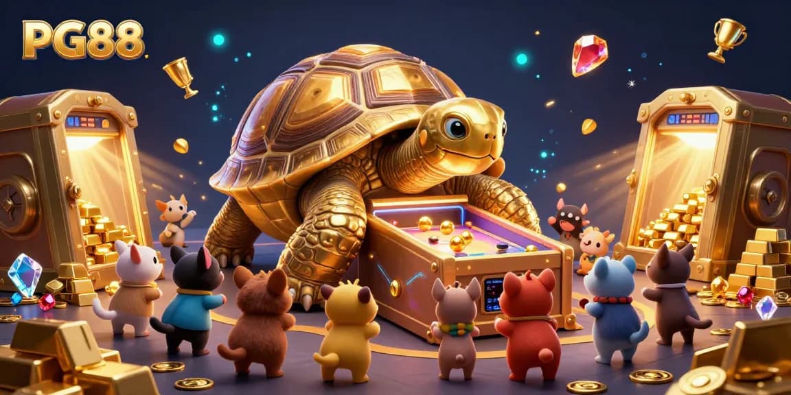 Engage with PG88, exploring a vibrant 3D illustration of a golden tortoise pinball machine amid treasures and excitement.