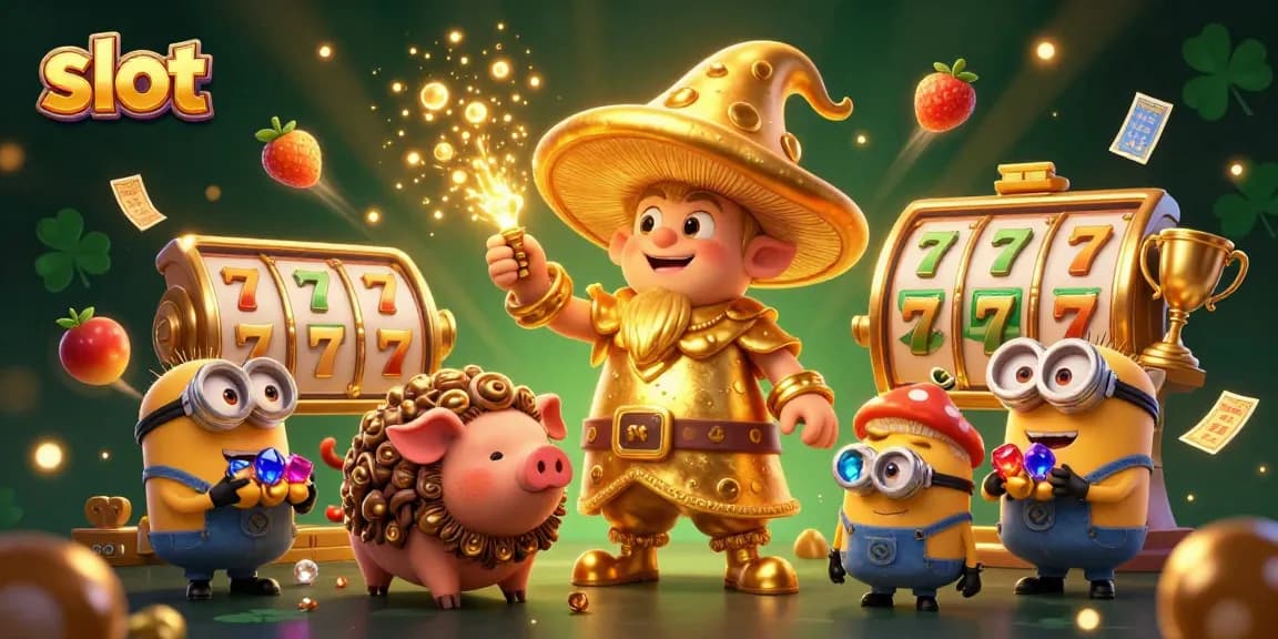 Spin vibrant slot reels and golden symbols in a magical casino scene filled with treasures.