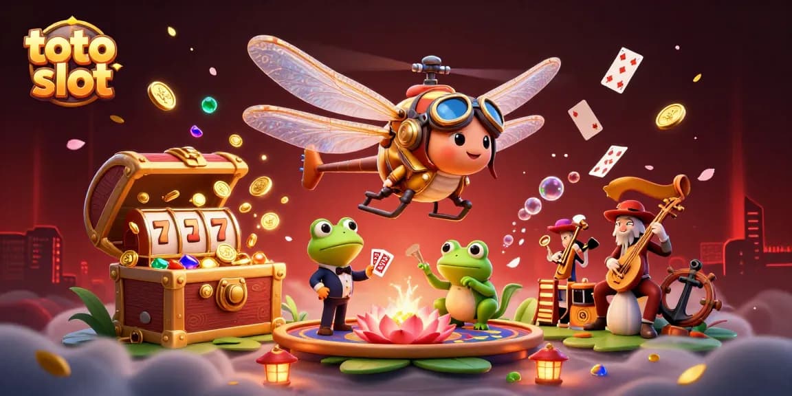 Engage with toto slot gameplay featuring a dragonfly pilot and frog croupier in a vibrant casino scene.