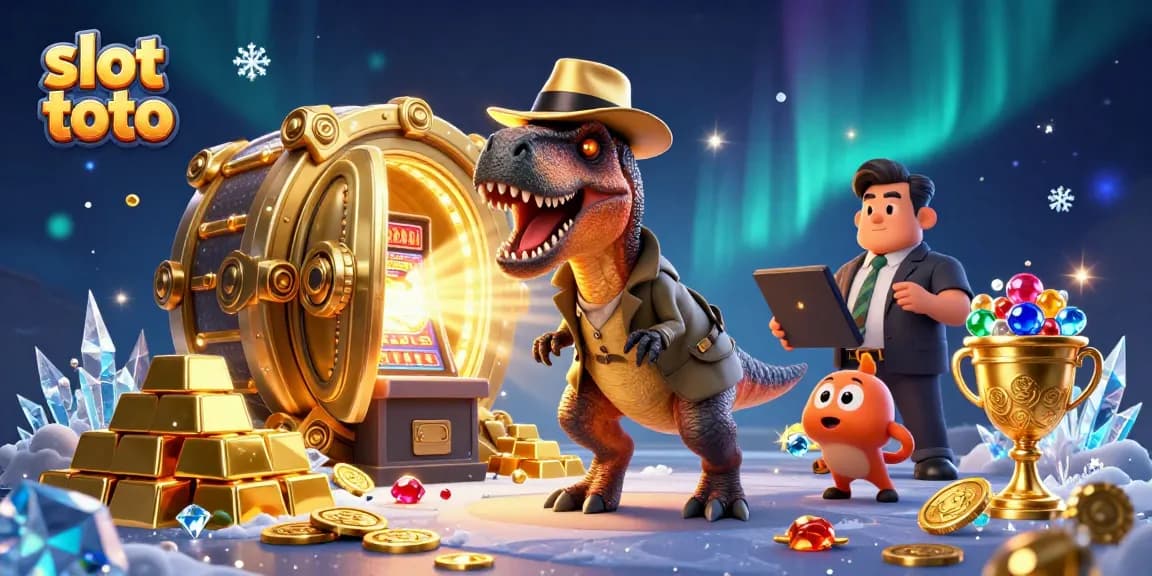 Spin and win at slot toto with a sneaky velociraptor countering chips at a busy casino.