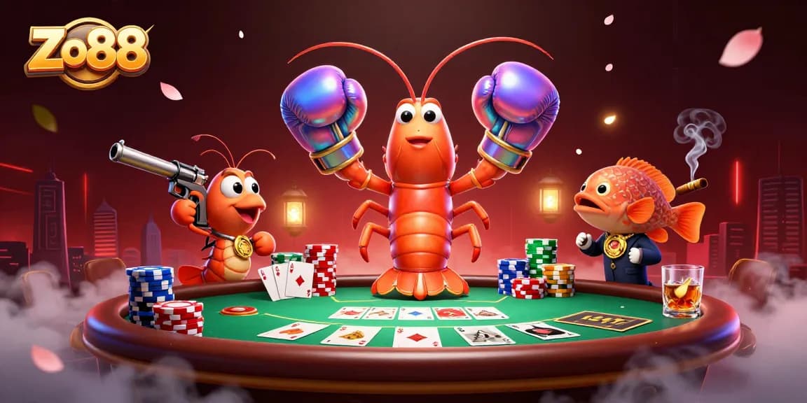 Engage with thrilling poker games at Zo88, featuring vibrant 3D characters in an exciting casino scene.