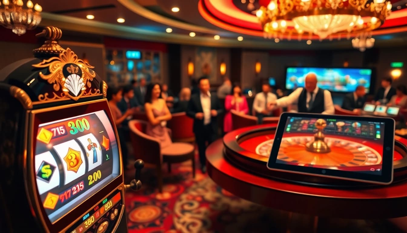 Engaging scene with a vibrant slot machine representing link slot gacor excitement at a luxury casino.