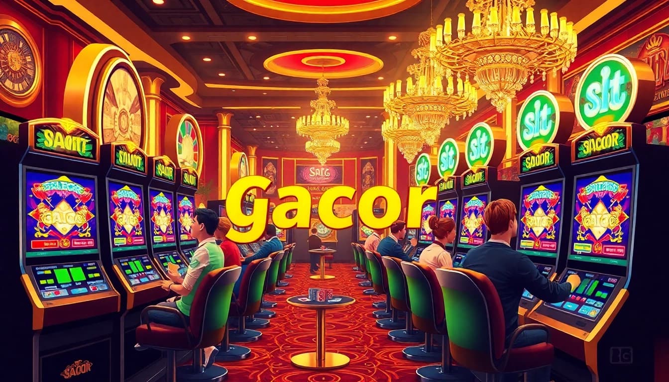 Players engaging with vibrant slot gacor machines in a luxurious casino setting.