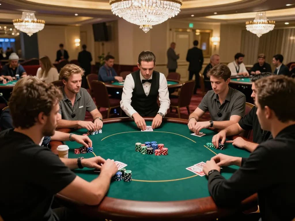 Engaging poker game in an upscale casino showcasing situs slot strategies and dynamic player interactions.