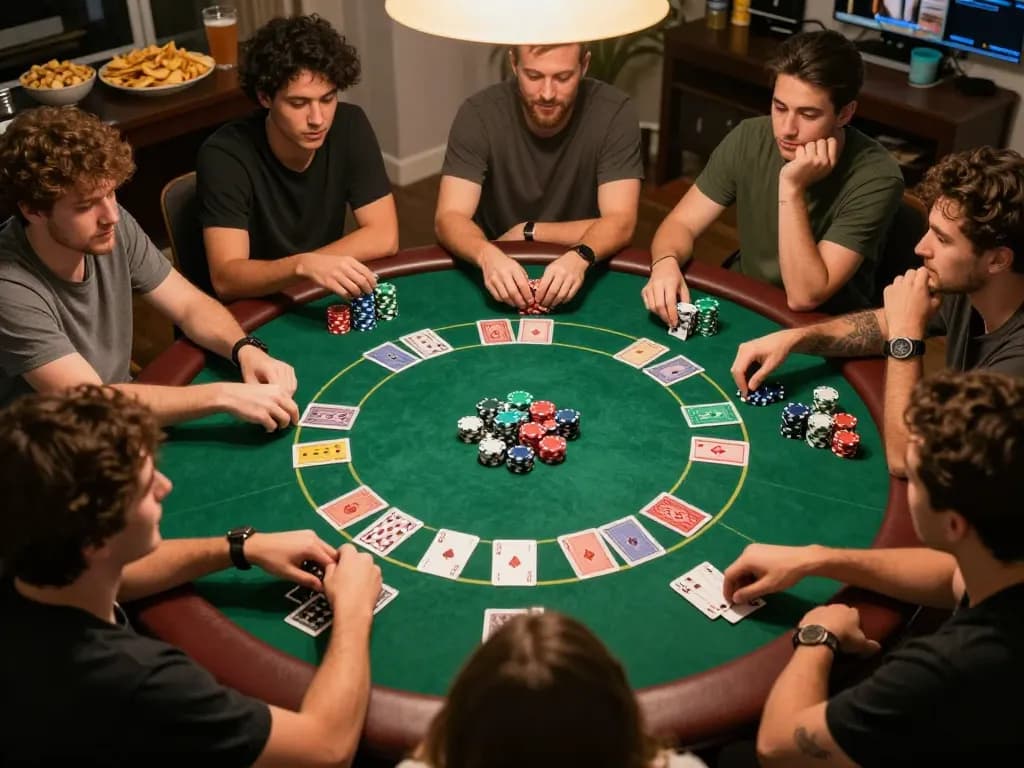 Players engaged in a thrilling home poker game while watching ดูหนังใหม่, showcasing friendly competition and strategy in a cozy atmosphere.