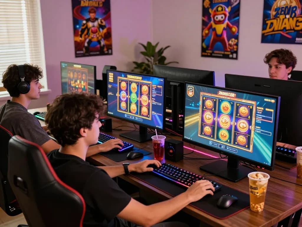 Players enjoying thrilling gameplay on Zeus138 with vibrant slot games and immersive gaming setup.