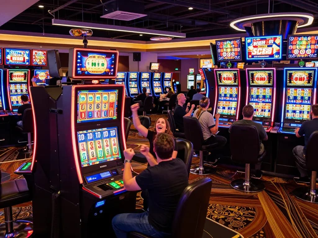 SC88 players celebrating big wins at vibrant slot machines, showcasing excitement and gaming strategy.
