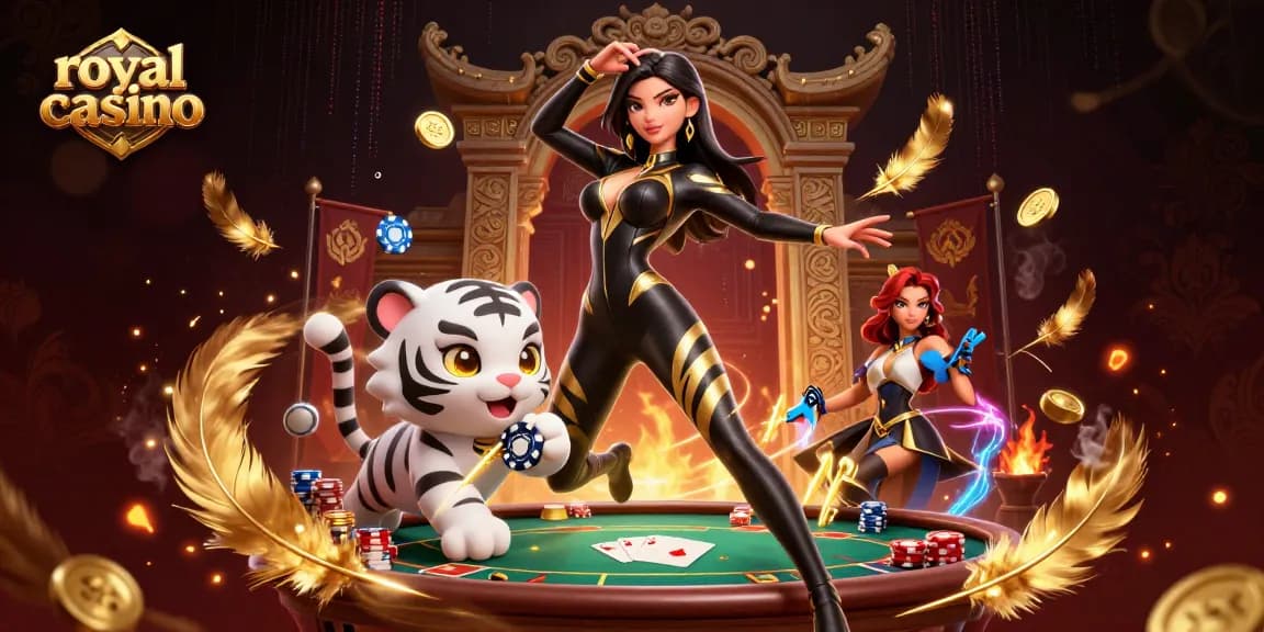 Experience the excitement at royal casino with a vibrant illustration of a woman and a baby tiger playing poker amidst dynamic effects.
