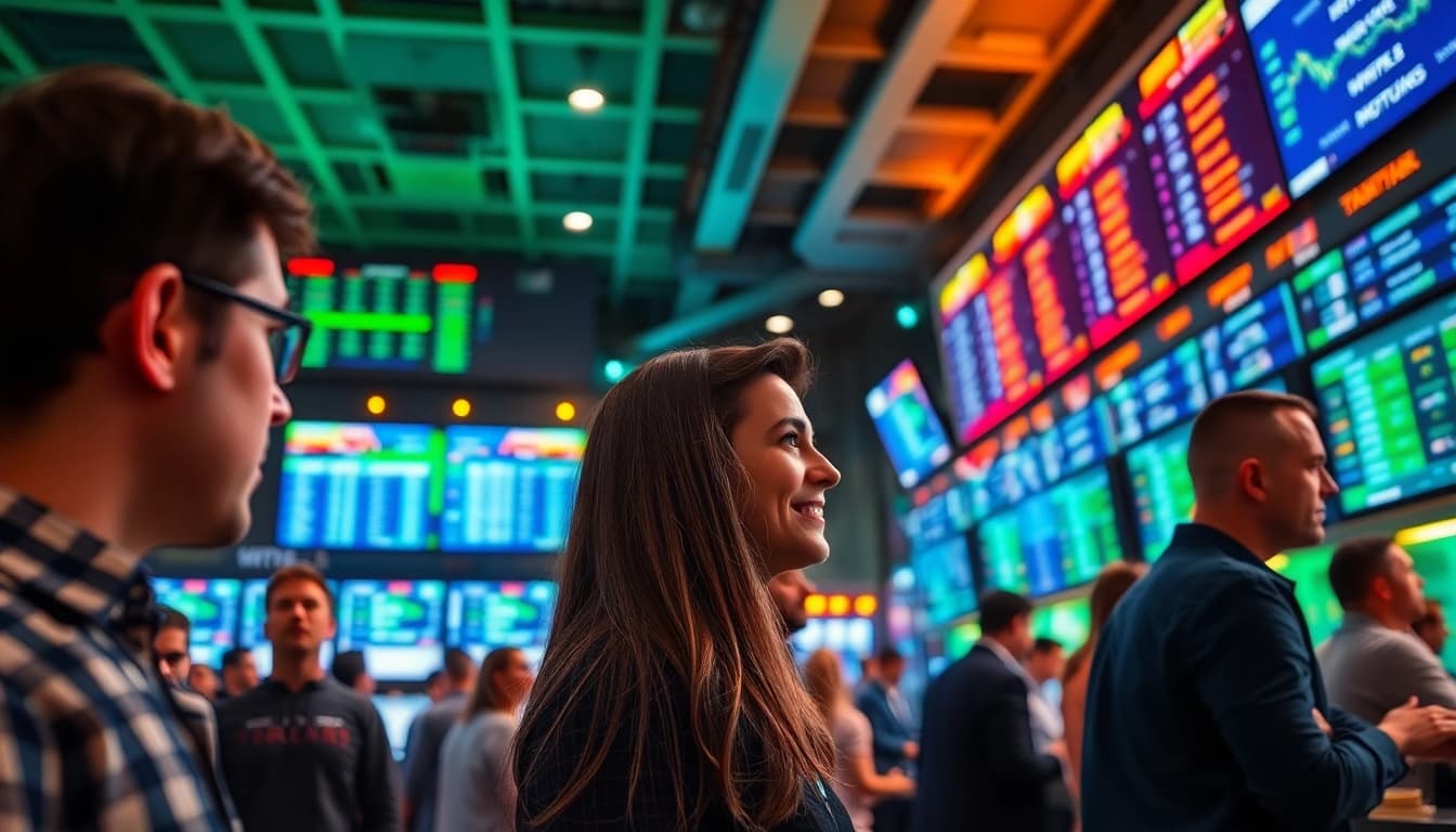 Engaging online Betting scene at a sportsbook with vibrant displays and enthusiastic bettors.