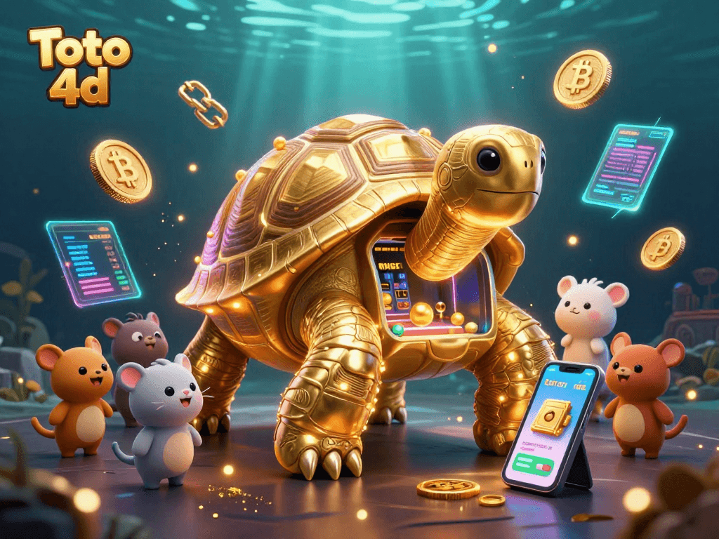 Toto 4d immersive gaming scene depicting a whimsical tortoise pinball machine amidst vibrant crypto elements