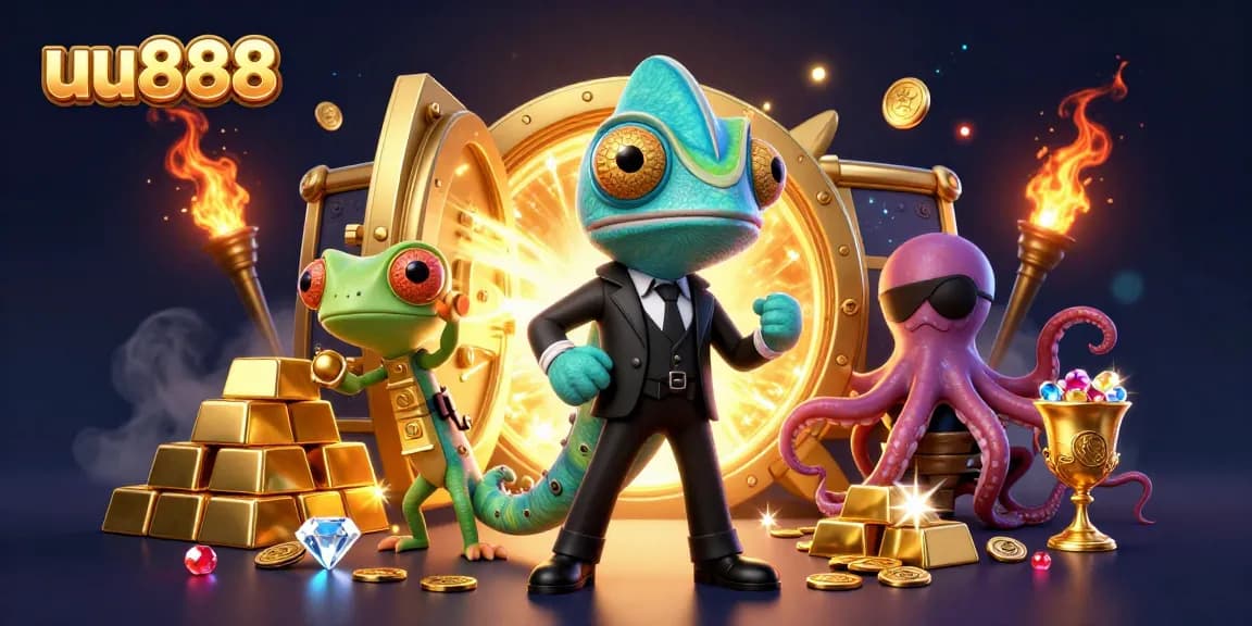 uu888 showcases a vibrant 3D scene with a secret agent chameleon and treasures in a casino setting.