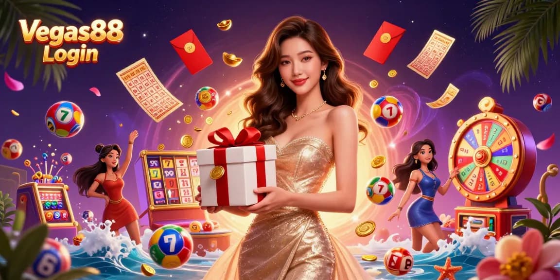Experience the excitement of Vegas88 Login with vibrant lottery elements and festive casino themes