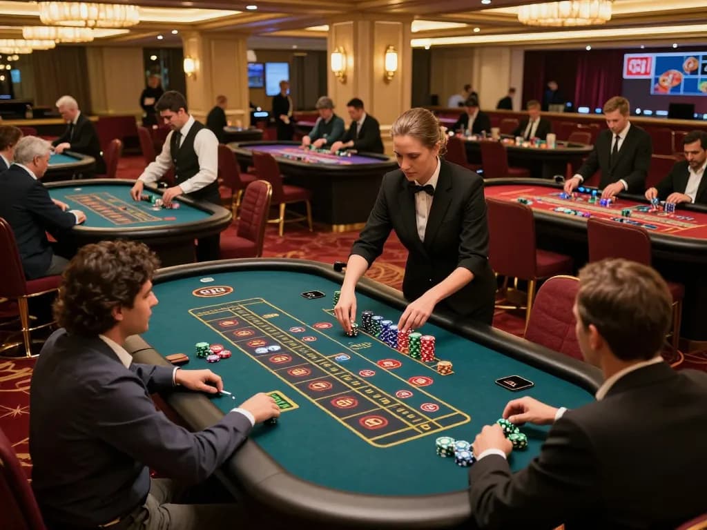 Engaged players placing bets at Fun88 com roulette tables, highlighted by vibrant chips and professional croupiers.