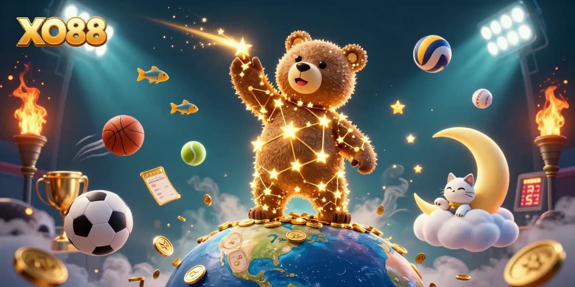 Engage with the vibrant casino world of XO88, featuring a constellation bear and dynamic sports elements.