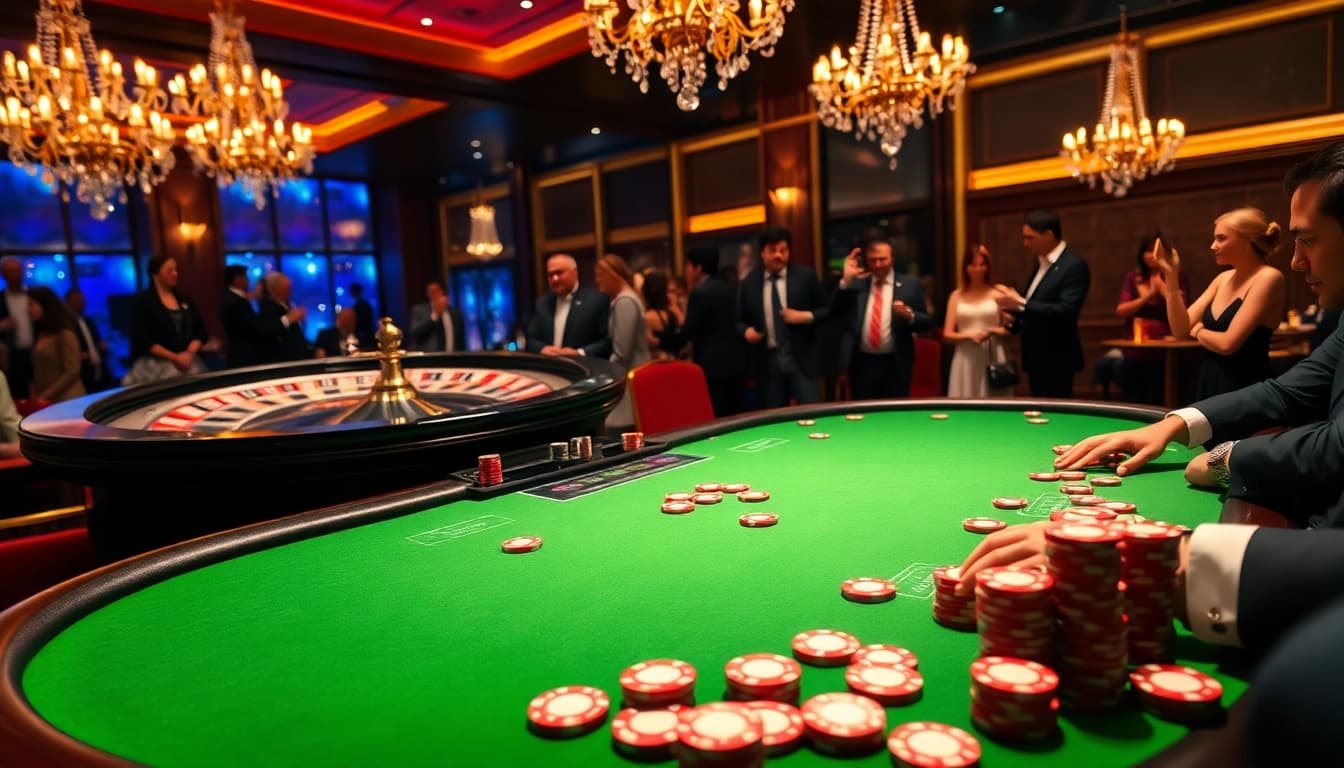 Experience the excitement of VB88 at a high-stakes poker table with colorful chips and a roulette wheel.