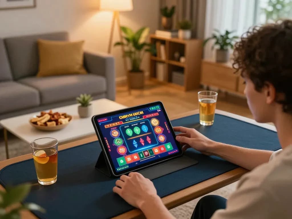 Player enjoying online gaming experience at casinos not on gamstop, engaged with tablet app interface.