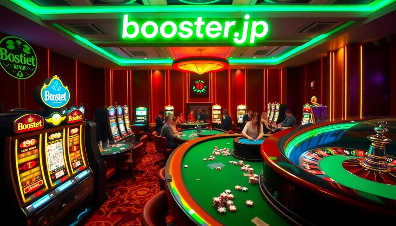Experience the thrill of gambling at Boosterjp with vibrant slot machines and excited players.